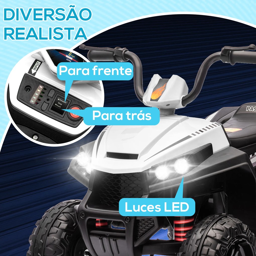 Moto 4 Elétrica para Crianças com Bateria 12V Faróis e Música Carga 30 kg 85x55,5x62 cm Branco