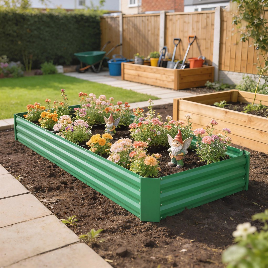 Floreira de jardim exterior 240 x 120 x 30 cm galvanizada com rebordo de segurança e fundo aberto, , verde