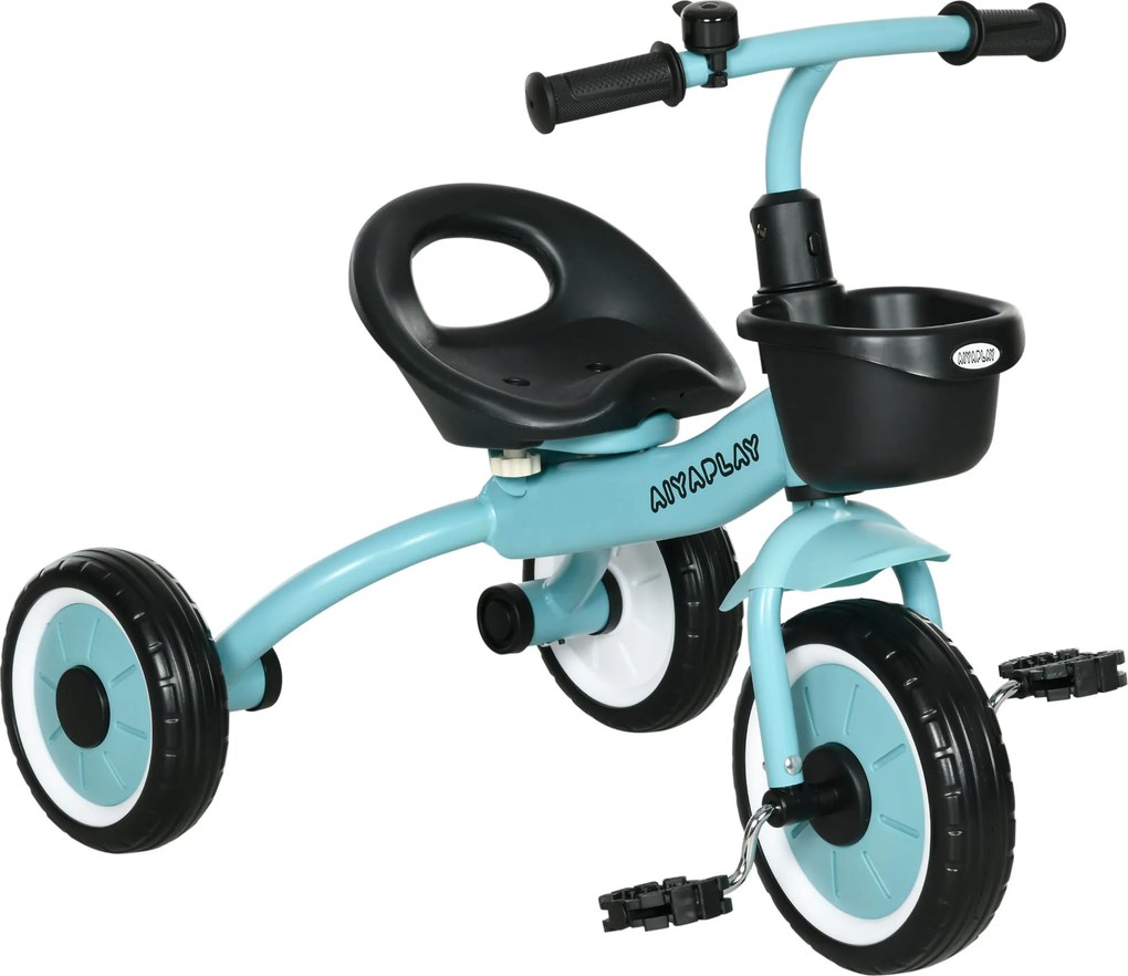 AIYAPLAY Triciclo para Crianças de 2 a 5 anos com Assento Ajustável Cesta Buzina e Pedais e 3 Rodas 70,5x53x58 cm Azul | Aosom Portugal