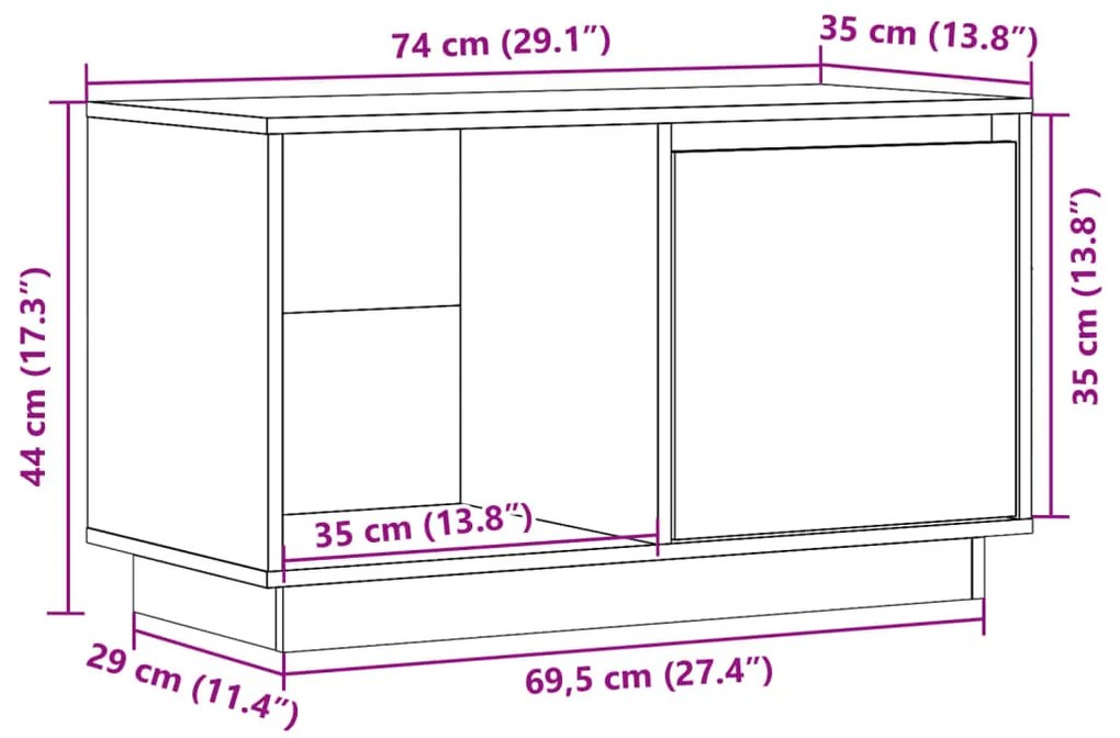 Móvel de TV 74x35x44 cm madeira de pinho maciça cinzento