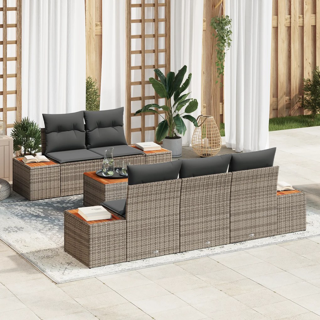 Conjunto de Sofá de Jardim de 6 Peças com Almofadas Cinzento Rattan Po