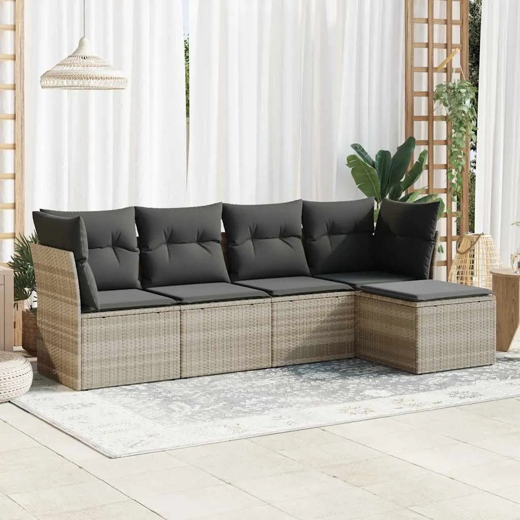 5 pcs conj. sofás jardim c/ almofadões vime PE cinzento-claro