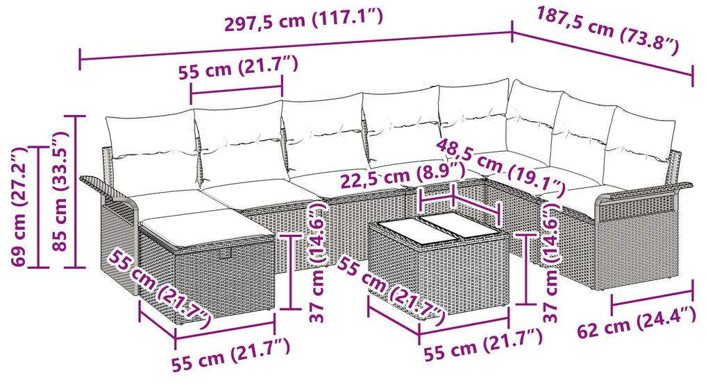 Conjunto de Sofá de Jardim de 9 Peças com Almofadas Preto Vime Poliést