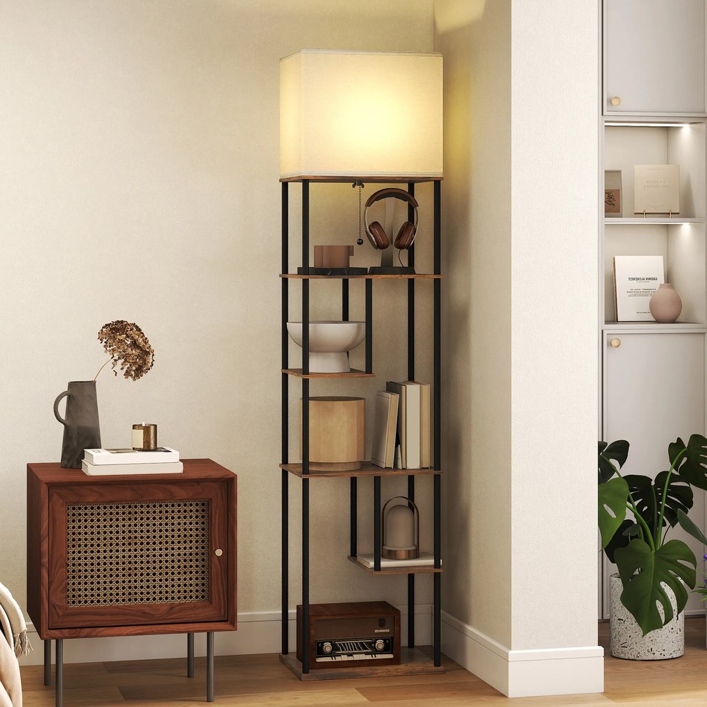 Candeeiro de pé com prateleiras 40 x 29 x 171 cm, candeeiro de pé para sala com regulador de intensidade, comando à distância, castanho rústico