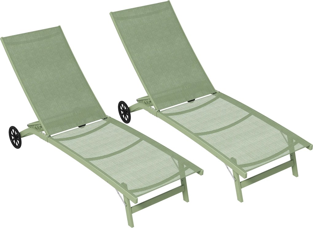 Outsunny Lote de 2 espreguiçadeiras em alumínio e textilene com rodízios encosto reclinável carga máx. 150 kg verde escuro | Aosom Portugal