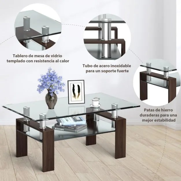 Mesa de centro retangular 99,5 x 59,5 x 44,5 cm com tampo de vidro, pernas metálicas e prateleira Castanho