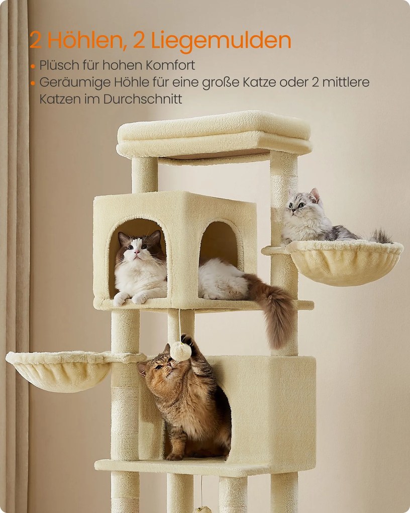 Arranhador Gatos com 175 cm de altura XL com 2 grutas bege areia