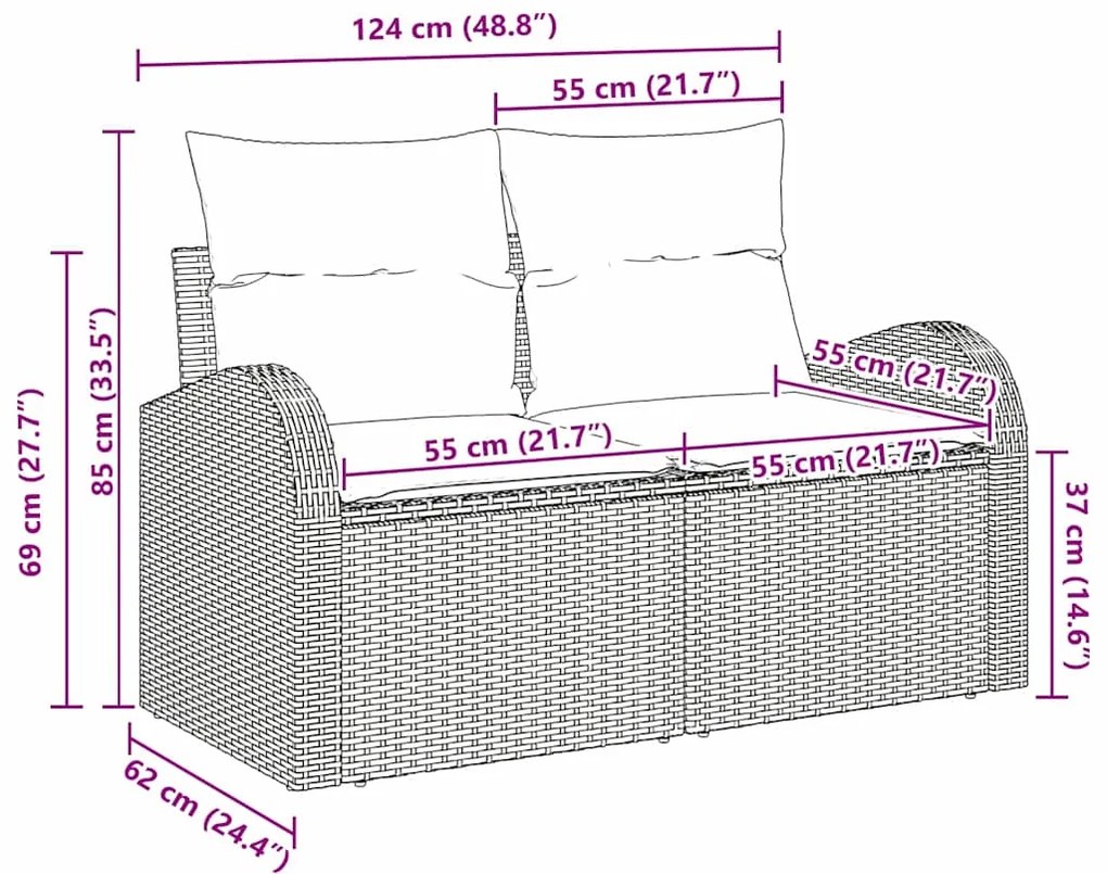 Sofá de Jardim 2 Lugares com Almofadas Preto Rattan Sintético