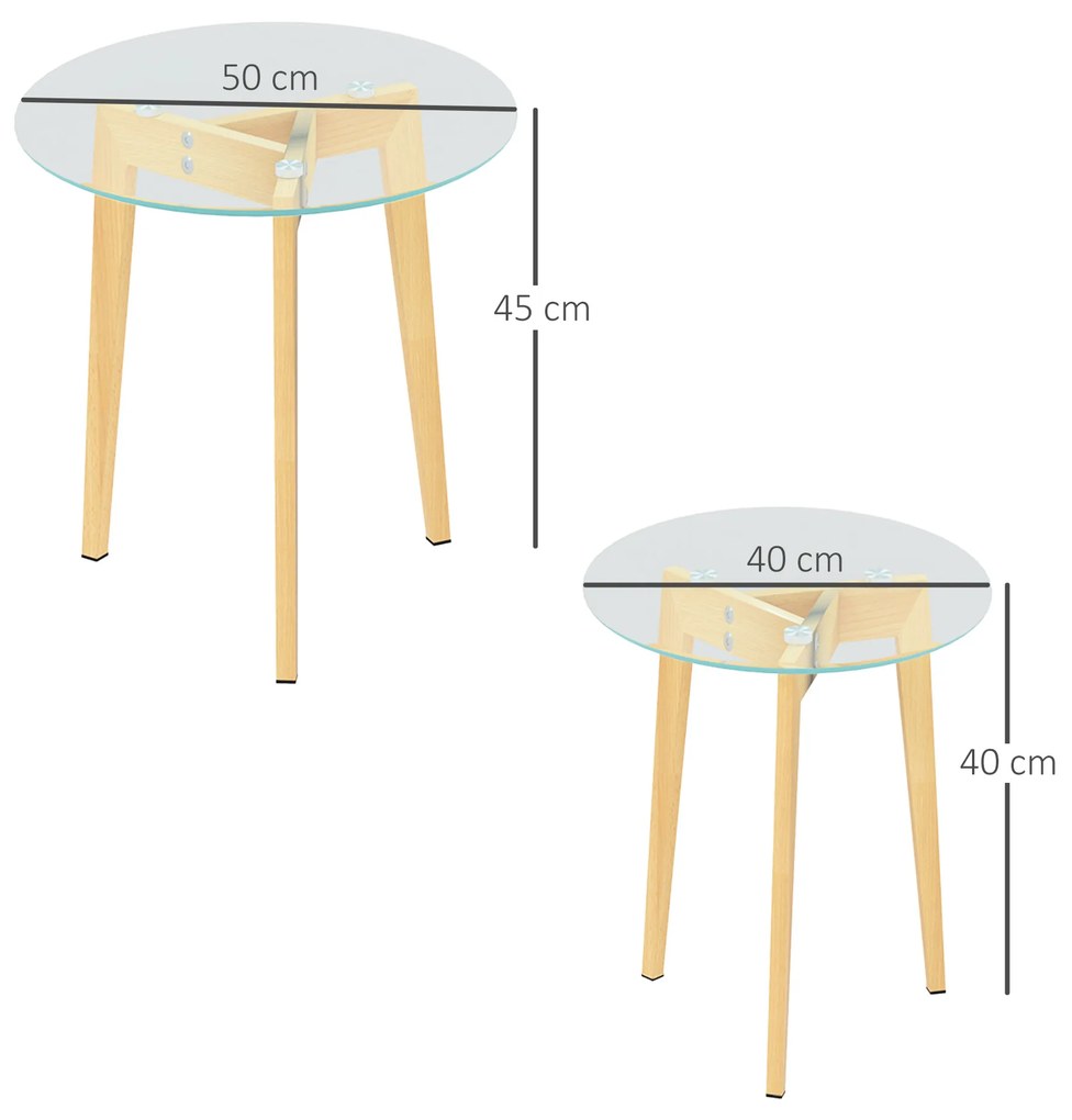 Conjunto de 2 Mesas de Apoio Modernas com Bancada de Vidro Temperado e Estrutura Metálica Ø50x45 cm e Ø40x40 cm Transparente