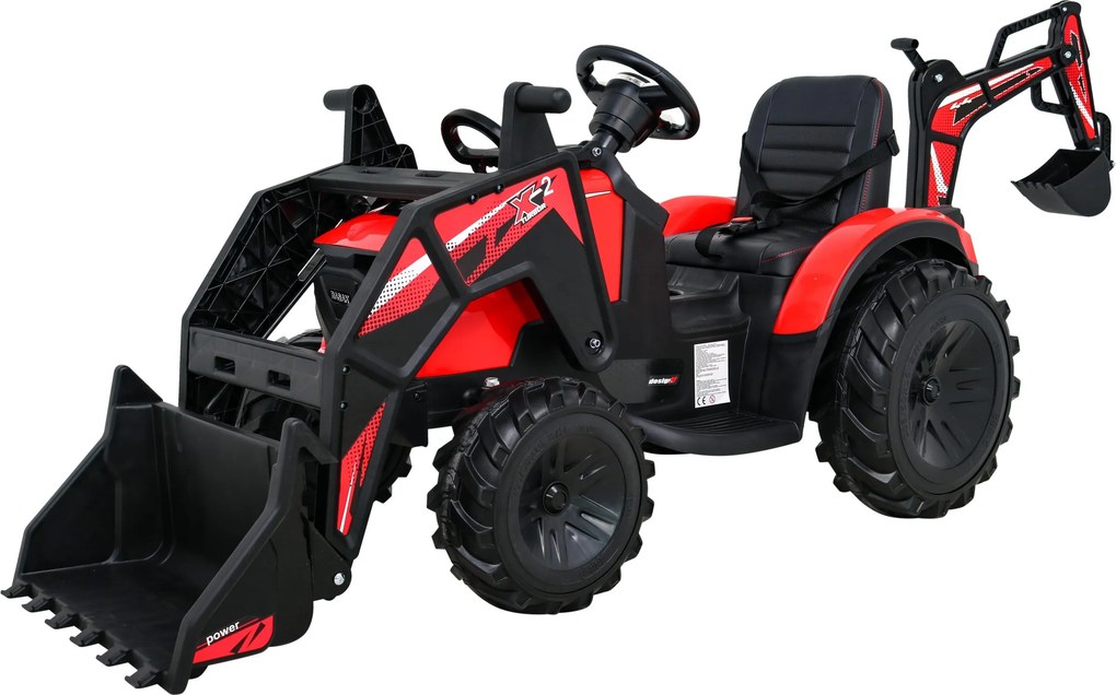 Trator elétrico para Crianças 12V 4x4 720-T Com Reboque Rodas EVA, Assento de couro Vermelho