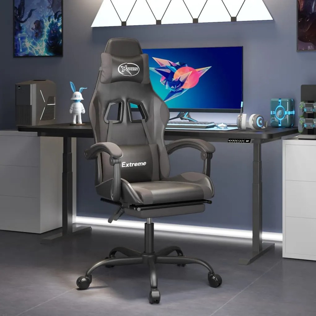 vidaXL Cadeira gaming c/ apoio pés couro artificial preto e cinza