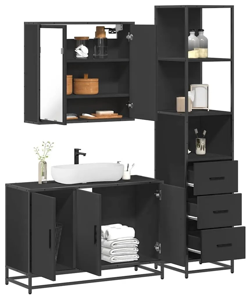 vidaXL 3 pcs conjunto móveis casa de banho derivados de madeira preto