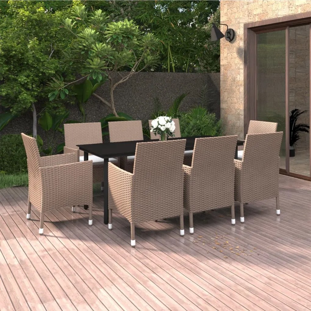 vidaXL 9 pcs conjunto de jantar p/ jardim c/ almofadões vime PE/vidro