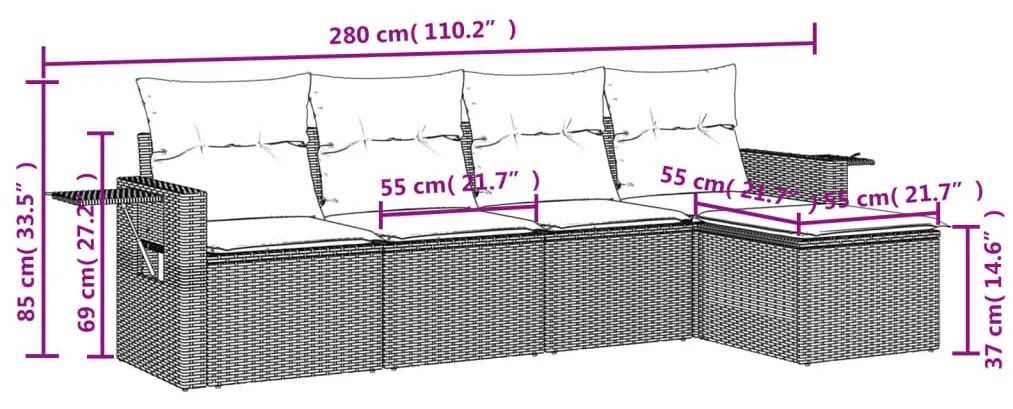 5 pcs conjunto sofás p/ jardim c/ almofadões vime PE castanho