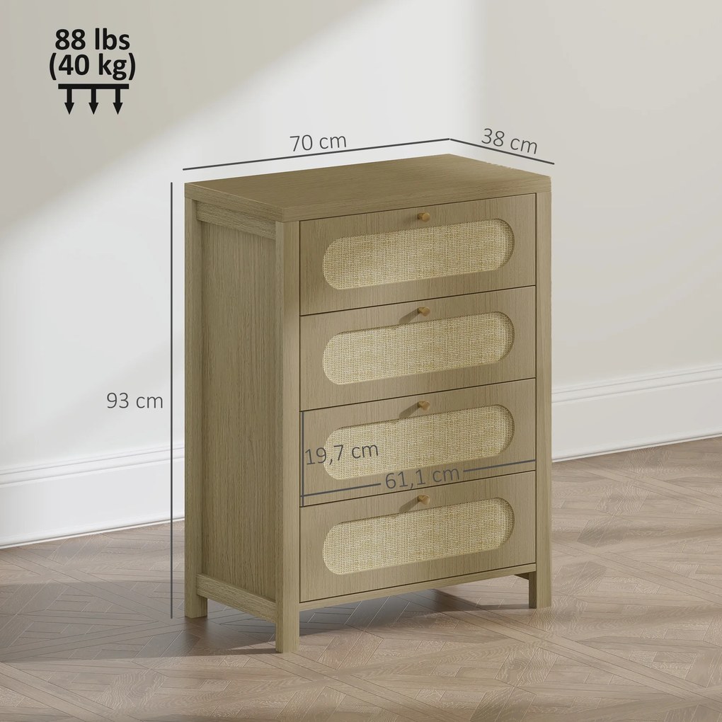 Cómoda com 4 gavetas, móvel de arrumação de estilo boémio com portas em resina trançada, 70 x 38 x 93 cm, efeito de madeira natural
