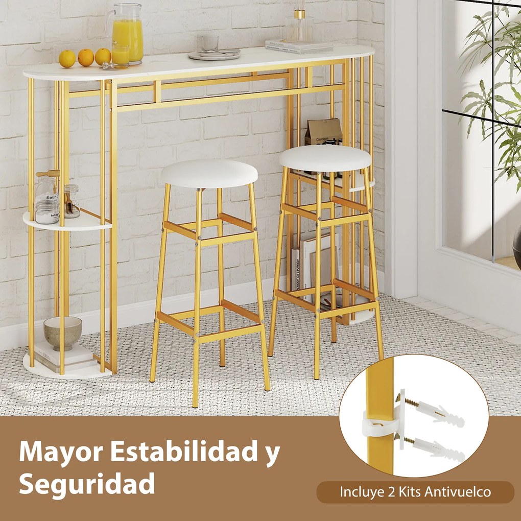 Mesa de bar alta retangular 150 x 40 x 105 cm (BANCOS NÃO INCLUIDOS) com estantes de arrumação, estrutura metálica e tampo em imitação mármore; consol