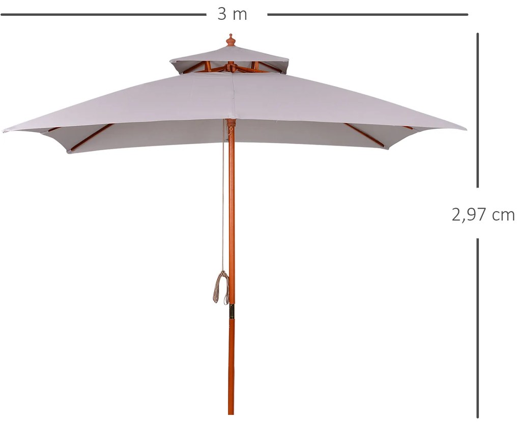 Chapéu de Sol de Jardim com Teto Duplo Sistema de Polia Toldo de Poliéster Impermeável 300x300x297cm Cinza Claro