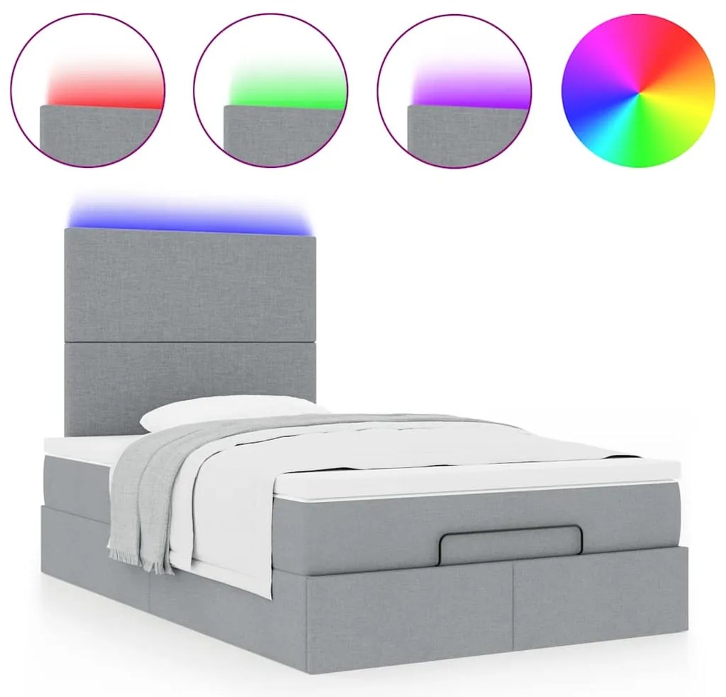 Estrutura de cama otomana com colchão cinza claro tecido