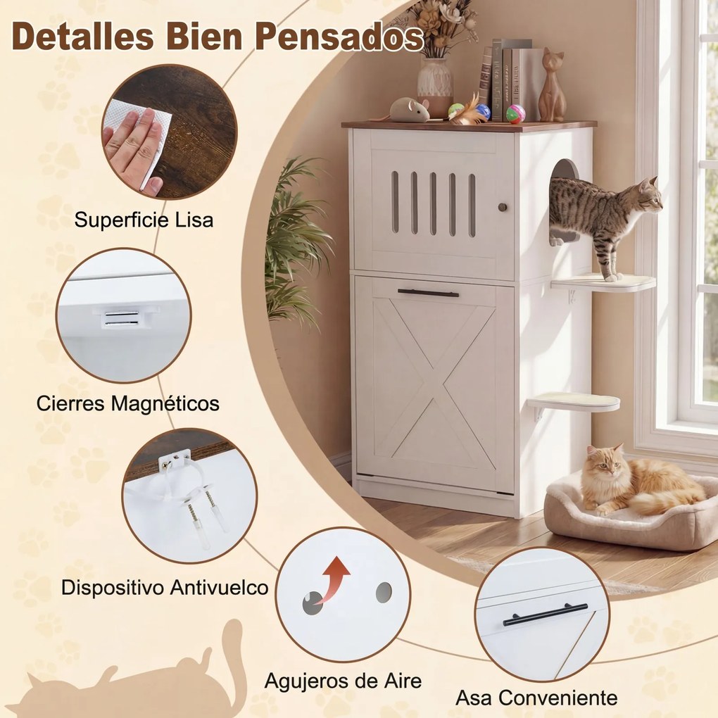 Armário com caixa de areia para gatos (NÃO INCLUIDA) 84 x 45 x 115 cm, com porta basculante, 2 plataformas, almofadas, arranhadores de sisal, casa de