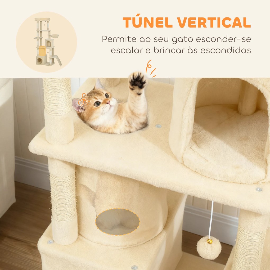 Arranhador para Gatos Grande com 7 Postes 1 Túnel 3 Plataformas 2 Cavernas 1 Rede 1 Poleiro 1 Rampa Pompons 60x40x170 cm Bege