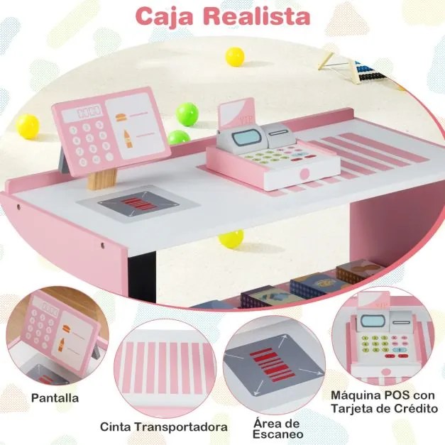 Supermercado infantil de madeira de supermercado com caixa registradora Máquina POS Vending para crianças de 3 a 8 anos Rosa