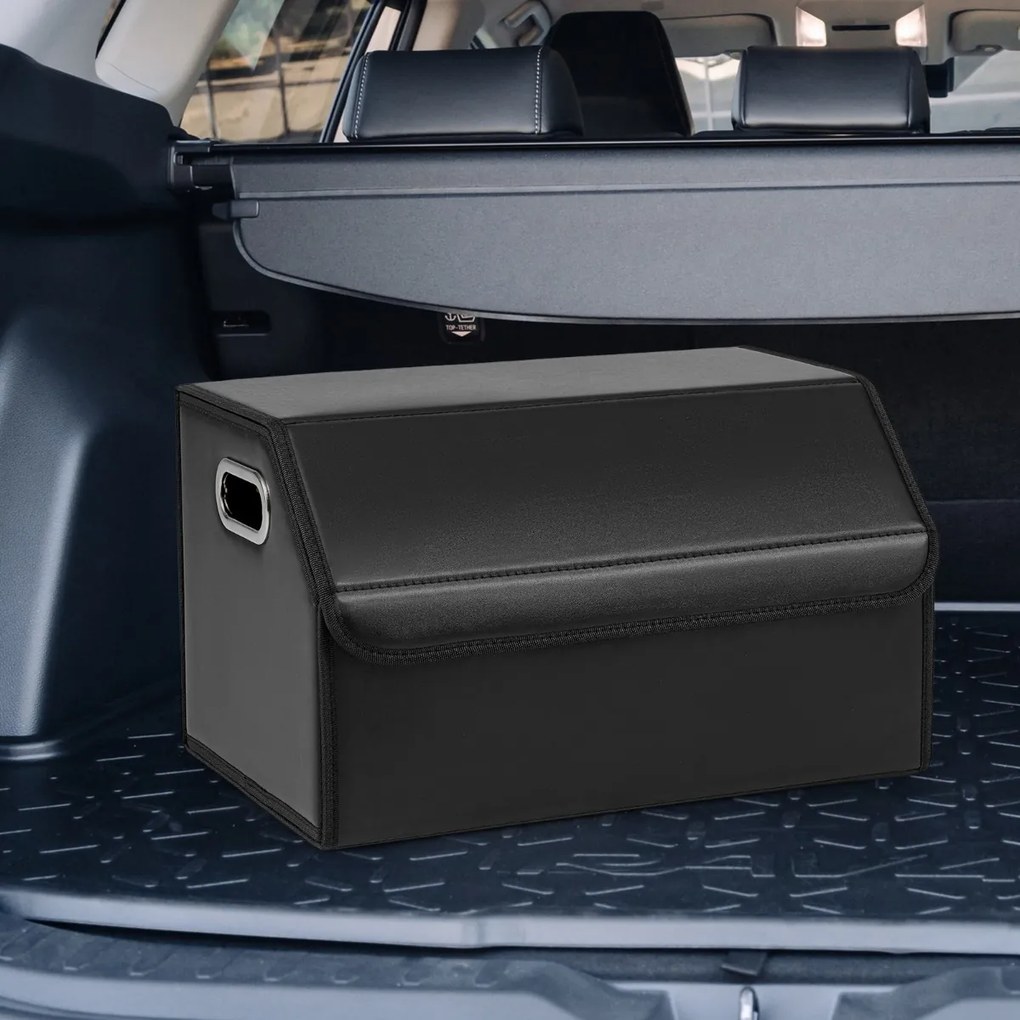 Organizador dobrável 30 x 47 x 27,5 cm para porta-malas de carros 35L com tampa lisa em couro e divisória ajustável Preta
