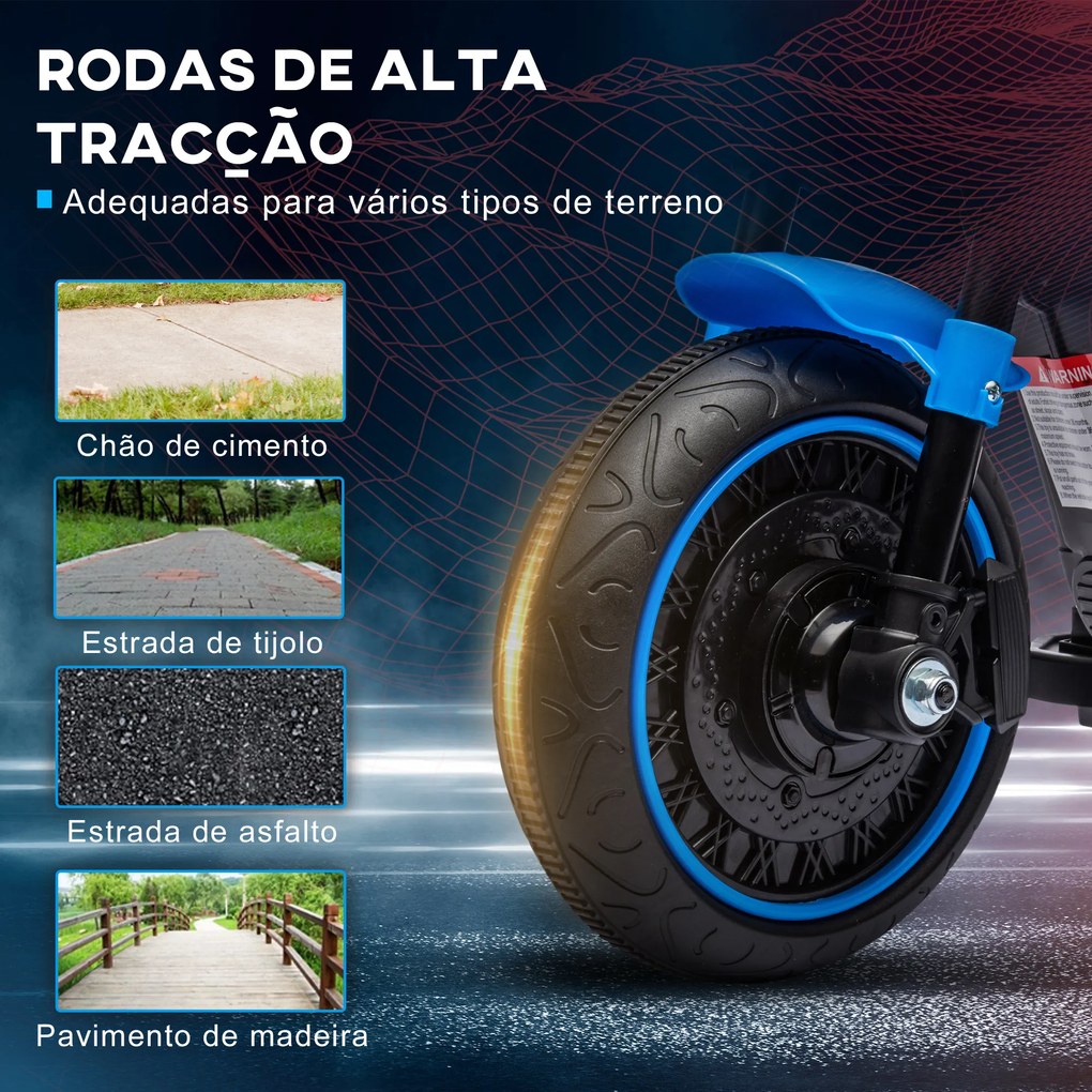 Motocicleta Elétrica para Crianças de 18-36 Meses com Bateria 6V Farol e Rodas Auxiliares Removíveis 76x42x57 cm Azul