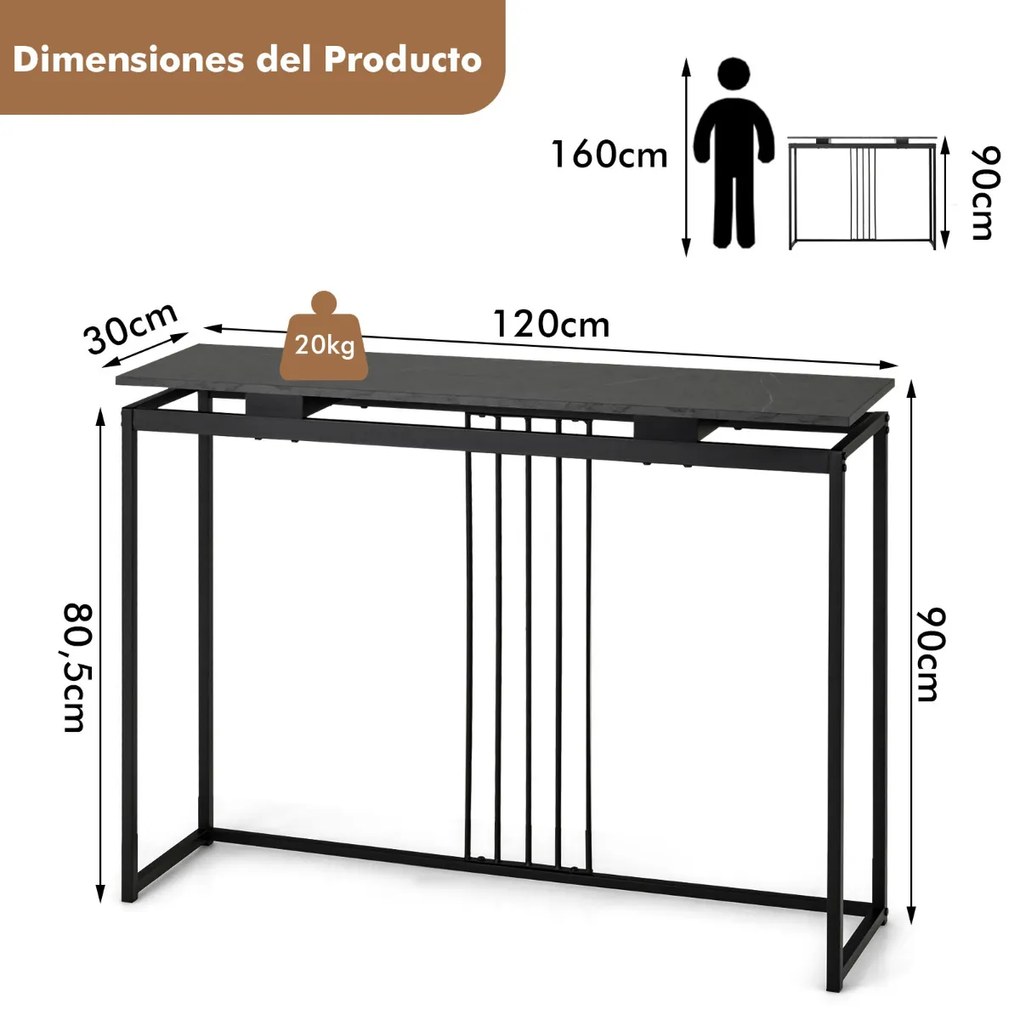 Mesa consola de imitação de mármore Estrutura de aço Mesa de entrada moderna Corredor Sala de estar Corredor 120 x 30 x 90 cm Preto