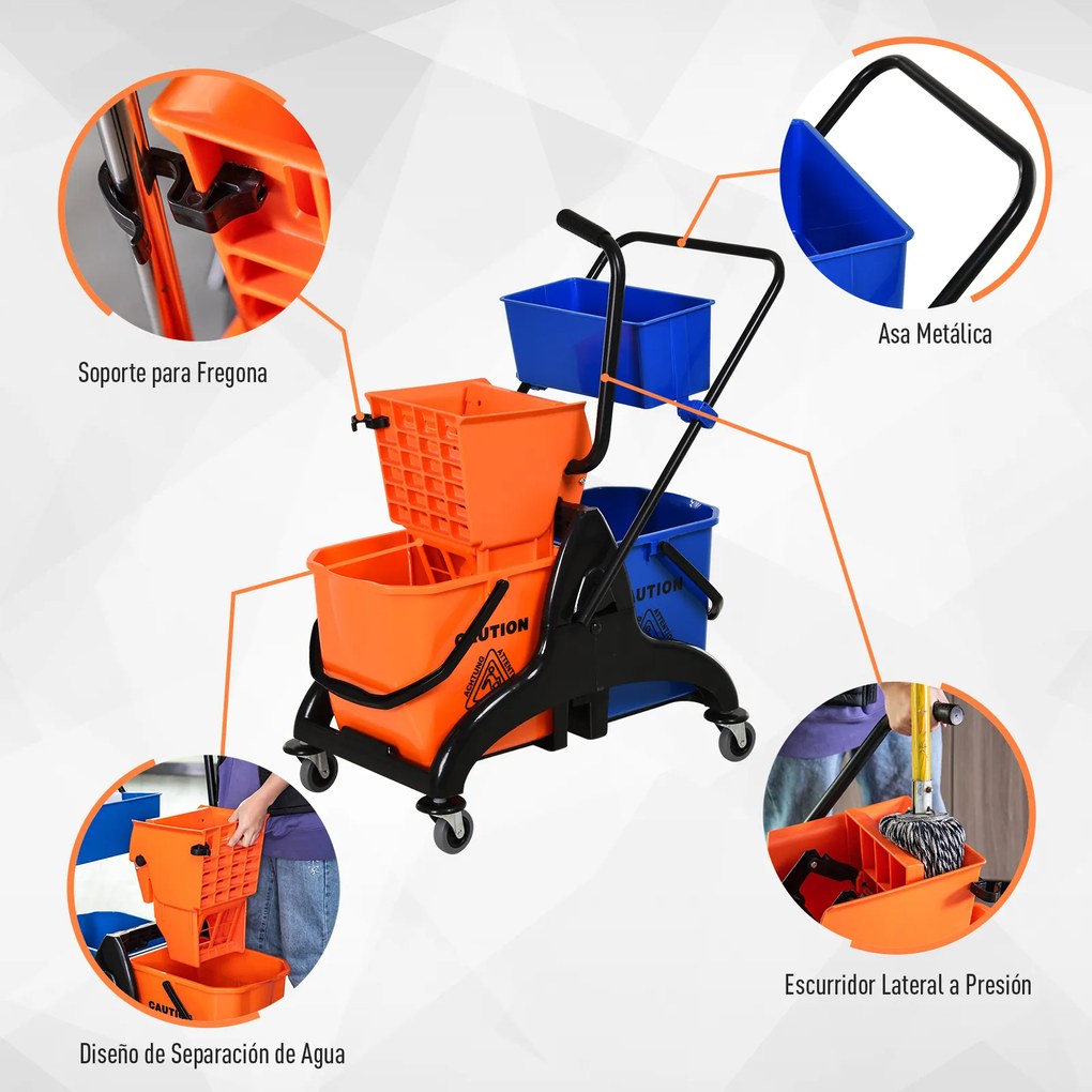 HOMCOM Balde para esfregona comercial Balde para esfregona com escorredor de baixa pressão 26L Capacidade com 4 rodas silenciosas Baldes separados duplos 78x45x95cm Laranja e azul