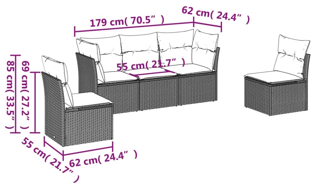 5 pcs conjunto sofás de jardim com almofadões vime PE preto