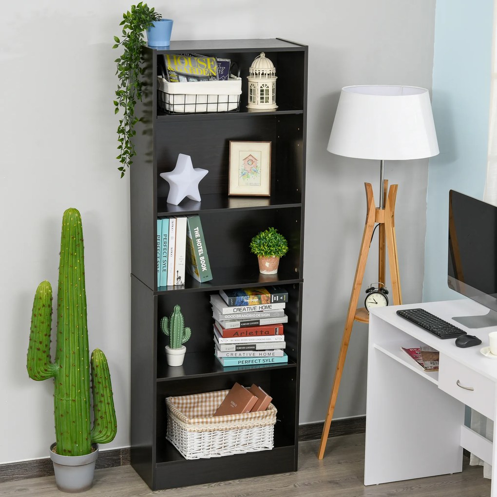 HOMCOM Estante para Livros de 5 Níveis com Prateleira Ajustável e Desenho Anti-Tombo Estante de Armazenamento para Sala de Estar Estúdio Escritório 63x29,5x176 cm Preto