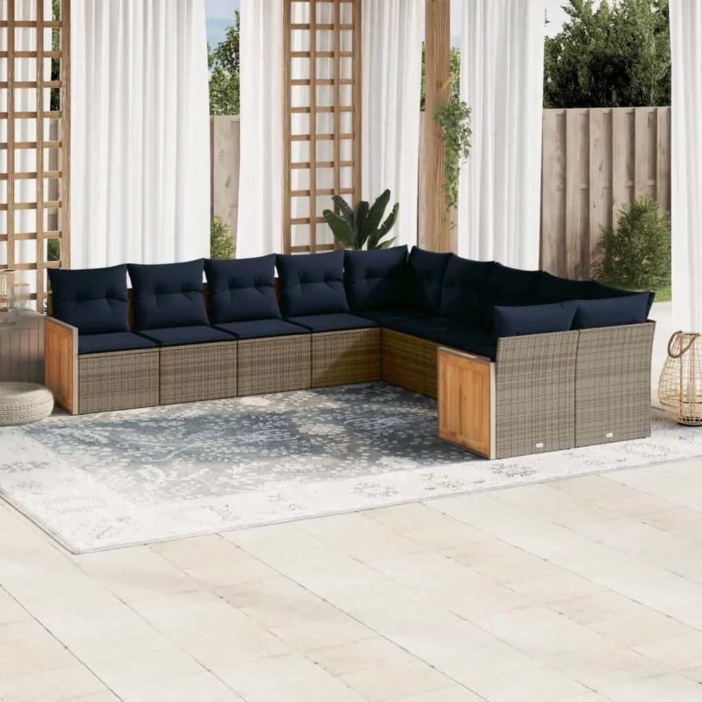 vidaXL 10 pcs conjunto sofás p/ jardim c/ almofadões vime PE cinzento