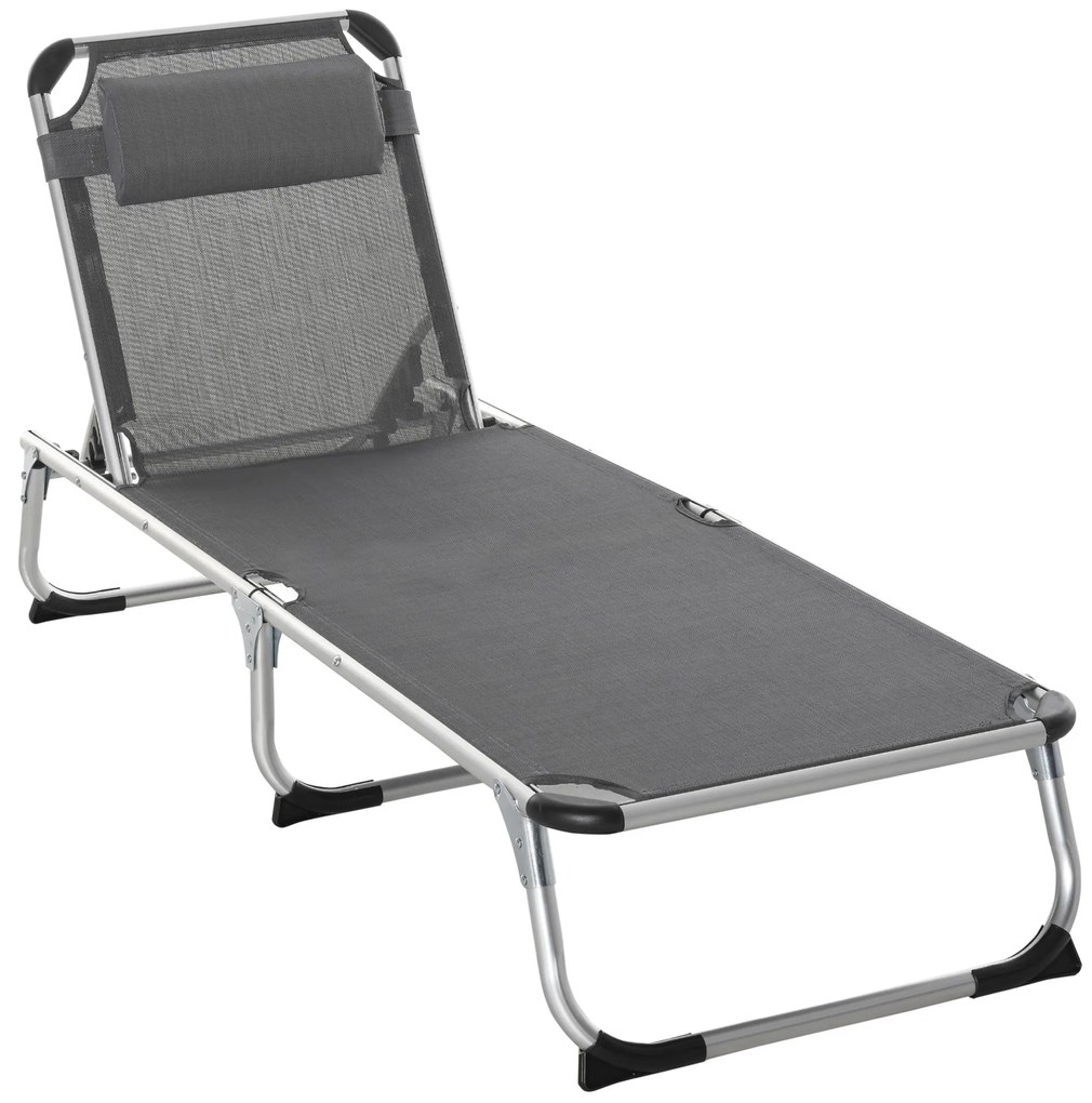 Outsunny Espreguiçadeira de Jardim Dobrável com Apoio para a Cabeça Removível e Encosto Ajustável em 4 Posições para Jardim Terraço Campismo Exterior 170x60x76cm Cinza