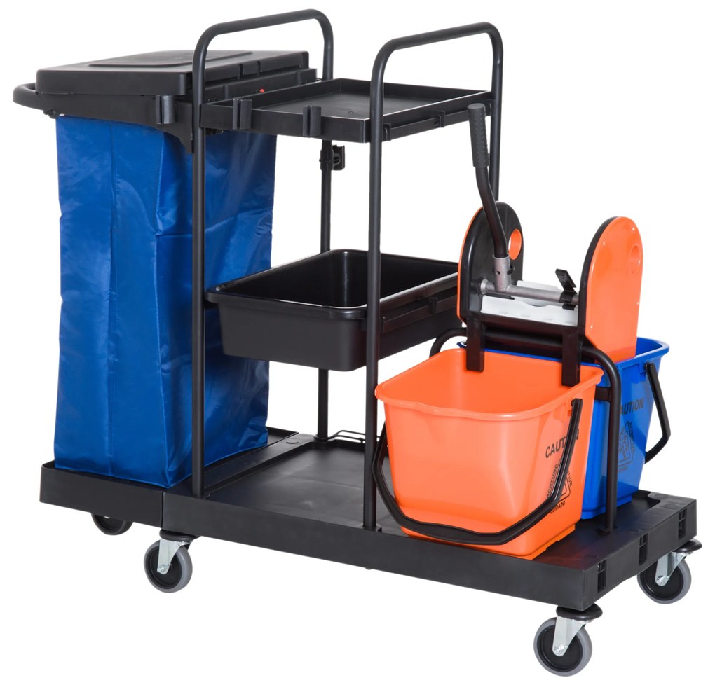 HOMCOM Carro de Limpeza Professional com Escorredor de Alavanca com 3 Prateleiras e 2 Baldes de 18L Bolsa com Tampa Rodas 111x63,3x103cm Preto Azul e Laranja
