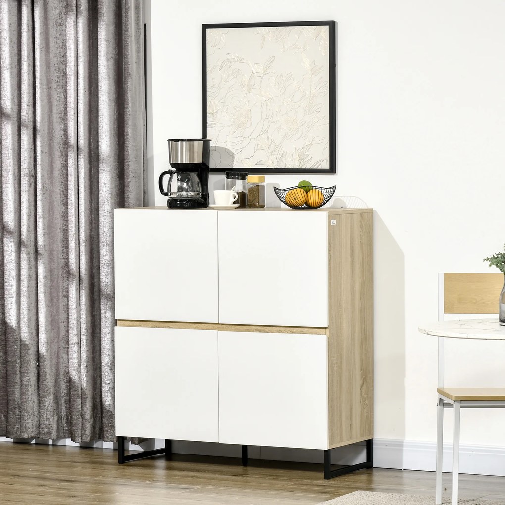 HOMCOM Aparador de Cozinha Moderno com 4 Compartimentos e Prateleiras Ajustáveis Móvel Auxiliar de Armazenamento para Sala de Jantar Sala de Estar 100x41,5x107cm Branco e Carvalho