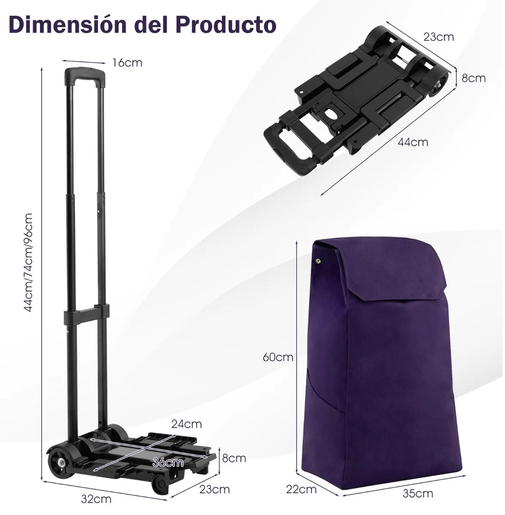 Carrinho de compras portátil dobrável com saco amovível 2 Rodas flexíveis em ABS para transporte de bagagem Violeta