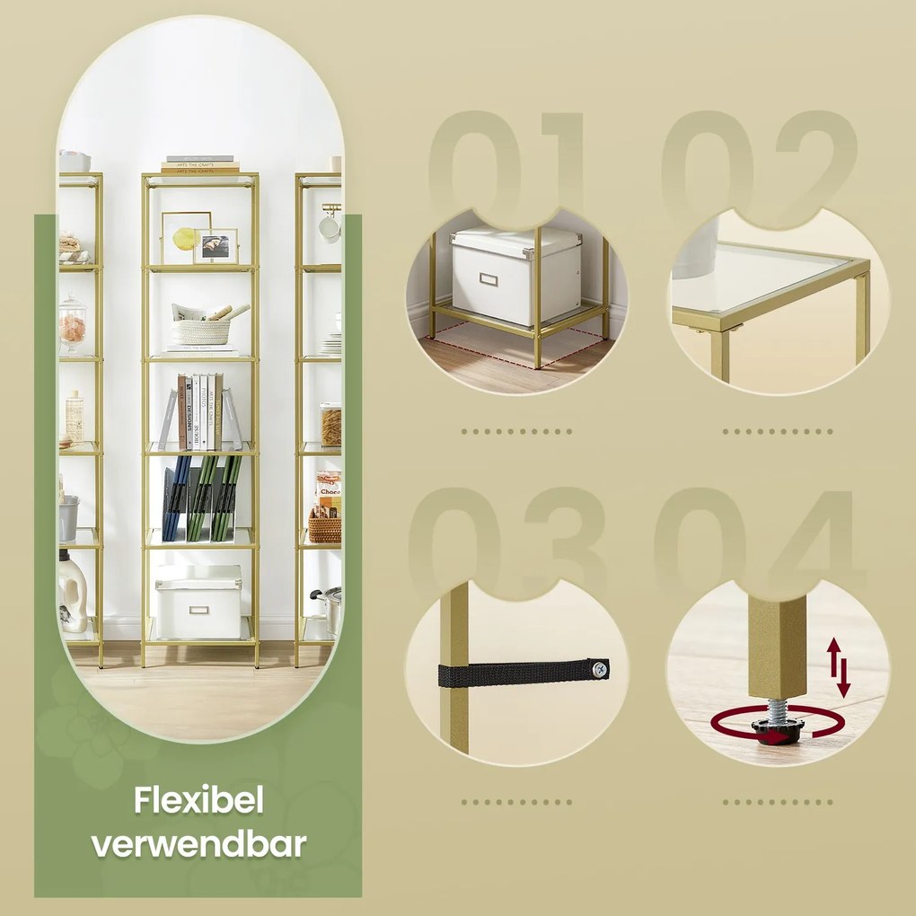 Estante com estrutura elegante e 6 prateleiras em vidro transparente 30 x 40 x 177,3 cm dourado