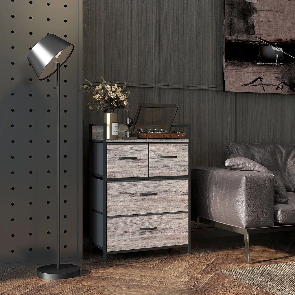 Cómoda de Quarto Armário de Armazenamento com 4 Gavetas Dobráveis Prateleira Aberta e Estrutura de Aço para Sala Entrada 60x29x85 cm Cinzento