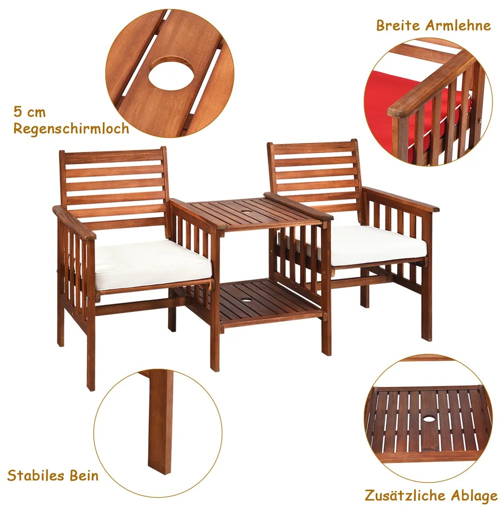 Banco de jardim com mesa, 2 lugares, banco de madeira com furo para guarda-chuva e almofada de assento, marrom+branco