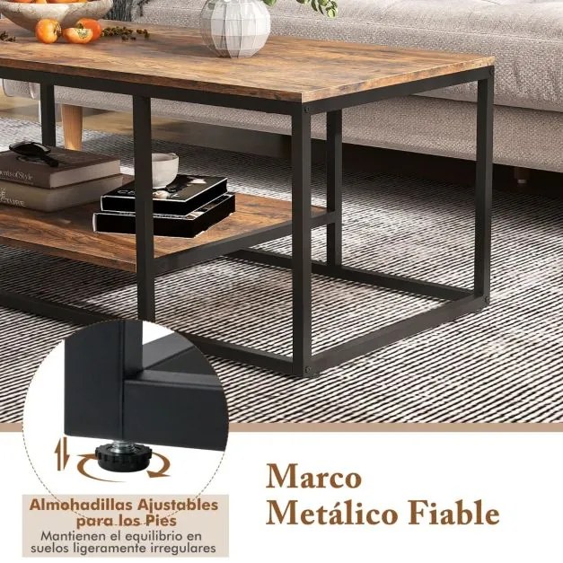 Mesa retangular 105 x 50 x 42,5 cm industrial de 2 níveis com prateleira de armazenamento e estrutura metálica Castanho