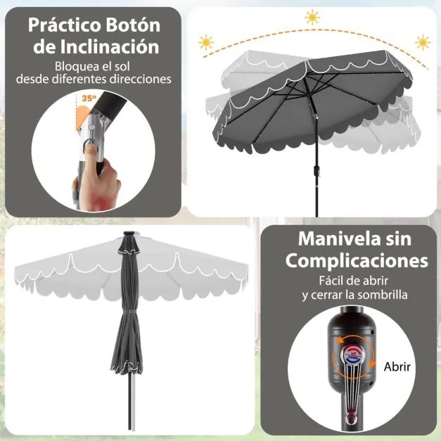 Guarda-sol de 300 cm com 24 luzes LED, parte superior ventilada, folhos e ajuste de inclinação cinzento