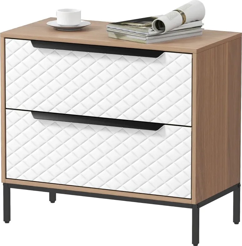 Cómoda com 2 Gavetas de Tecido Frentes com Padrão de Diamante 59,5x30x54 cm Móvel de Arrumação Madeira e Branco