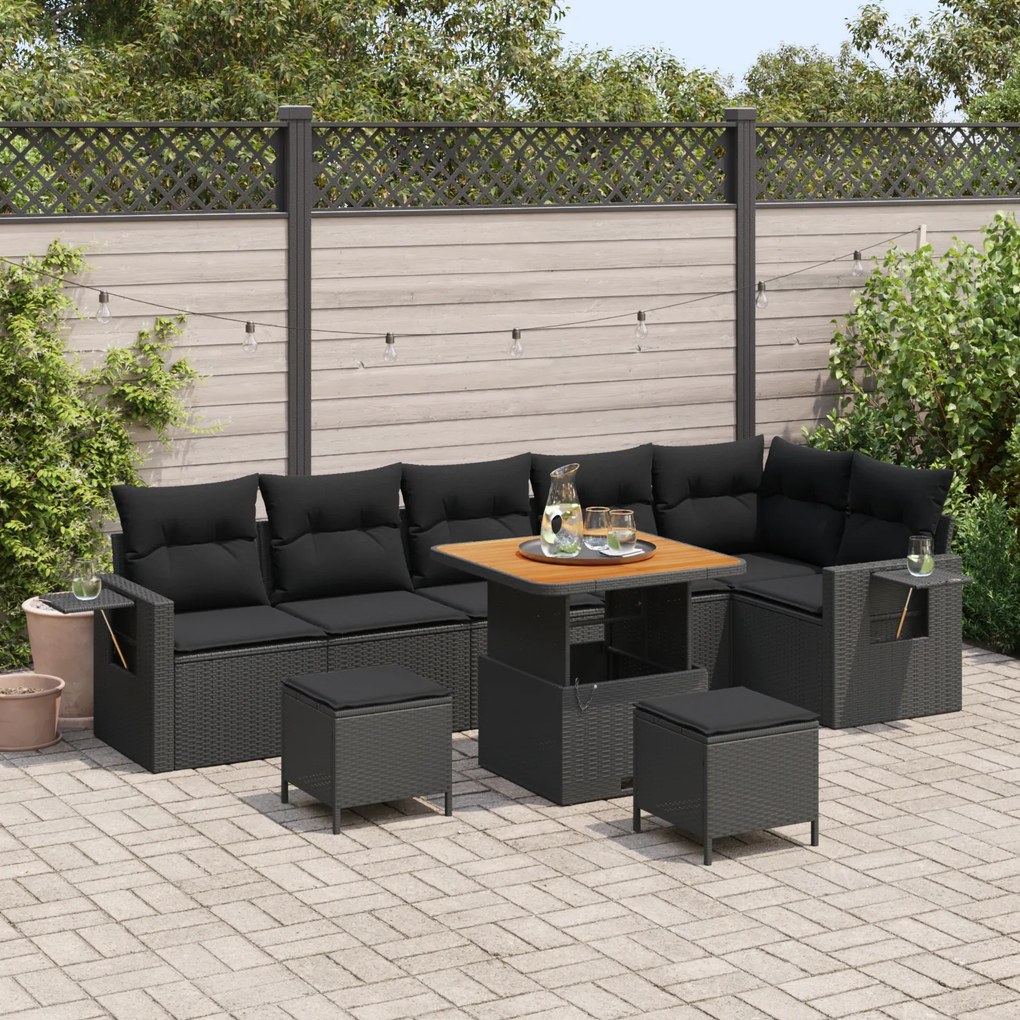 Conjunto de Sofás de Jardim vidaXL 9 Peças com Almofadas Preto Poly Ra