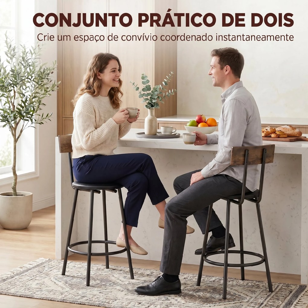 Conjunto 2 Bancos de Bar com Encosto e Apoio de Pés Estofados em PU 41x47x92 cm Preto