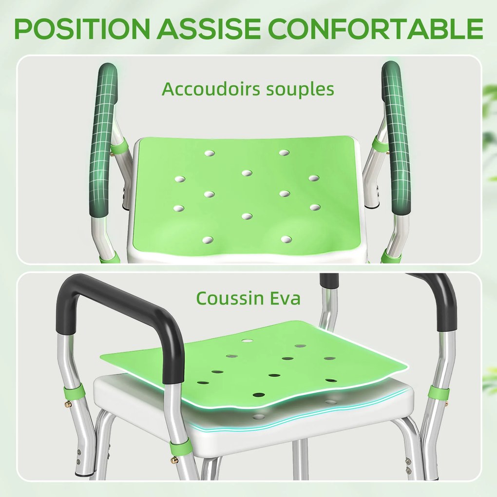 Banco de duche para idosos e pessoas com deficiência, com braços de apoio, altura ajustável, pés antiderrapantes, verde