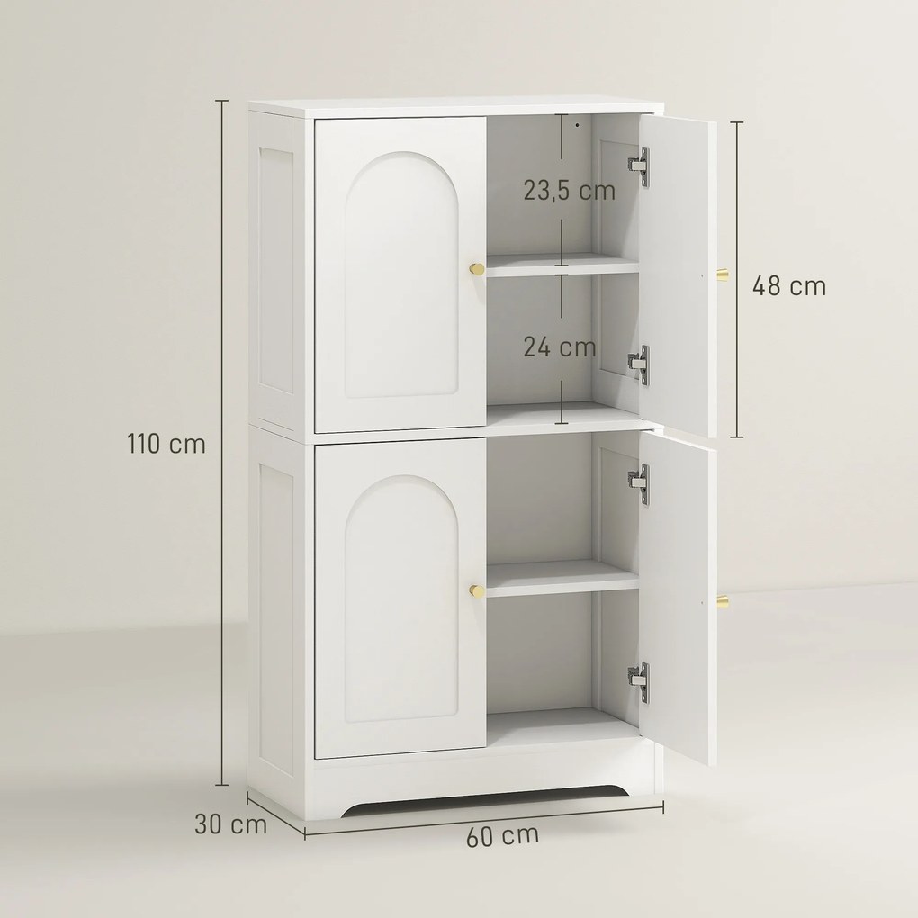 Armário de cozinha, móvel de arrumação com 4 portas arqueadas e 2 prateleiras ajustáveis, 60 x 30 x 110 cm, branco