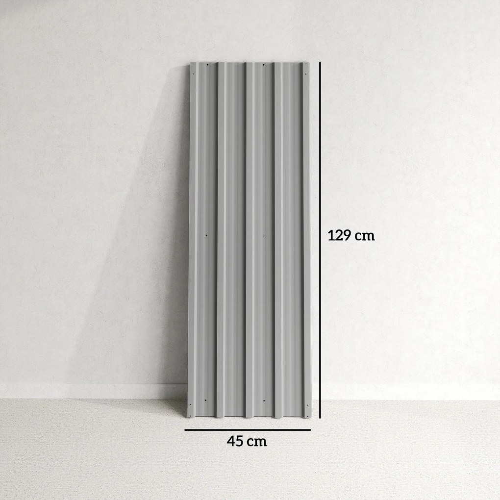 Conjunto de 12 painéis em aço galvanizado resistentes às intempéries, cinza claro, dimensões de cada painel: 129 cm (C) x 45 cm (L)