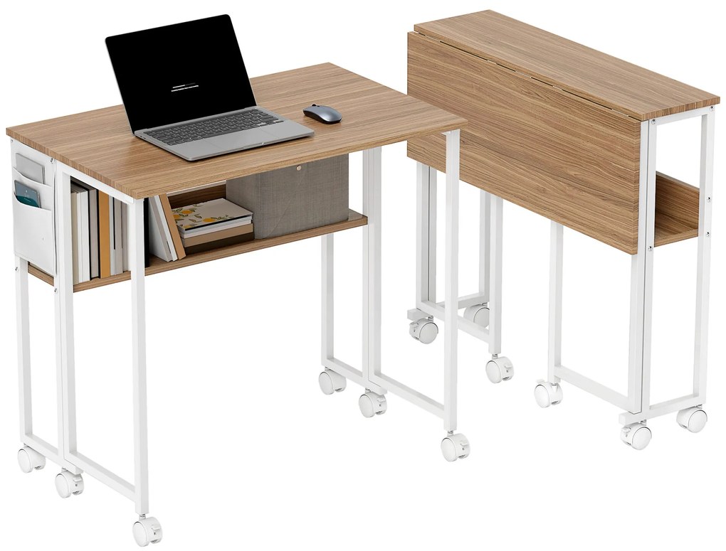 HOMCOM Secretária Dobrável com Rodas e Prateleira Mesa Secretária Compacta com Bolsa de Armazenamento Mesa para Computador Portátil para Casa Escritório Espaços Pequenos 80x50x75 cm Madeira e Branco