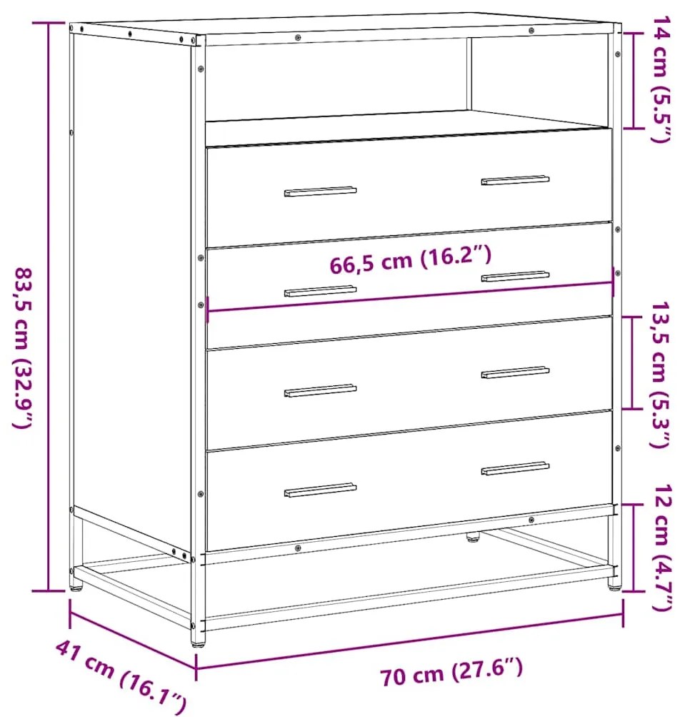 Cómoda com 1 Prateleira Aberta e 4 Gavetas - 70x41x83,5 cm - Derivados