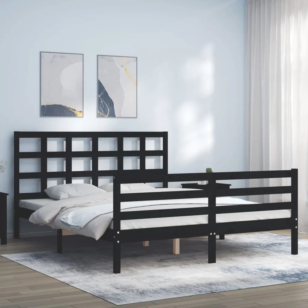 vidaXL Estrutura de cama King Size com cabeceira madeira maciça preto